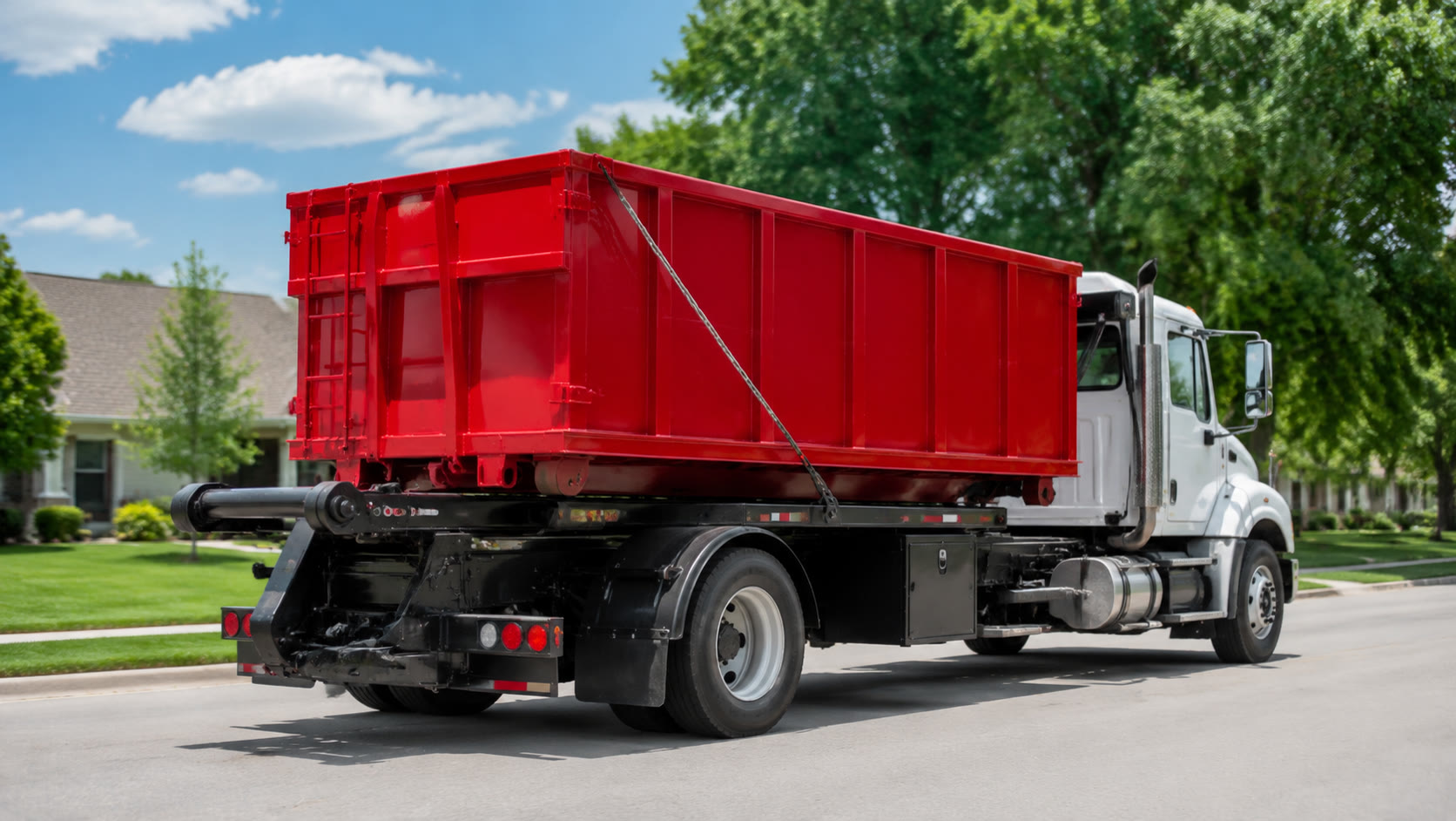 Roll-off truck loading a full dumpster for haul-away at sunrise