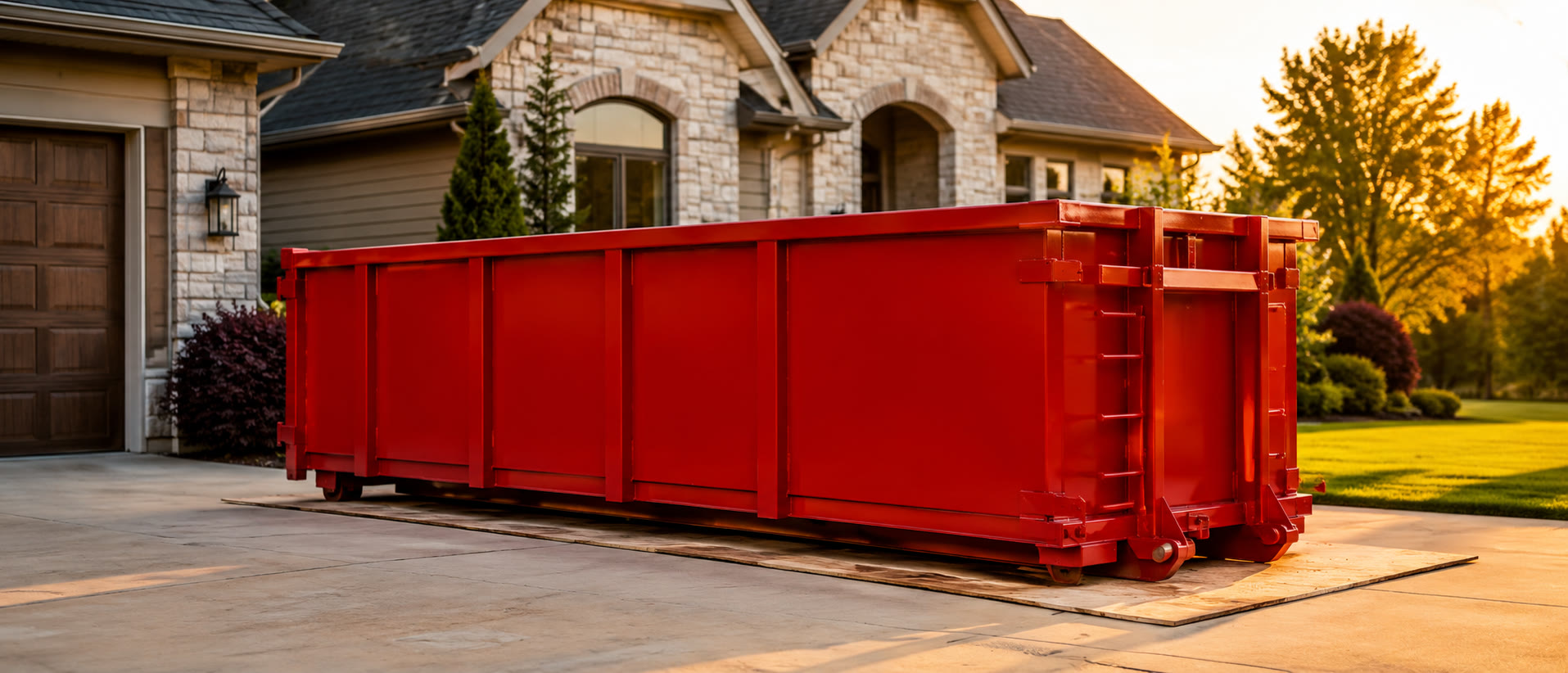 Orange roll-off dumpster on protective boards in a suburban driveway at golden hour
