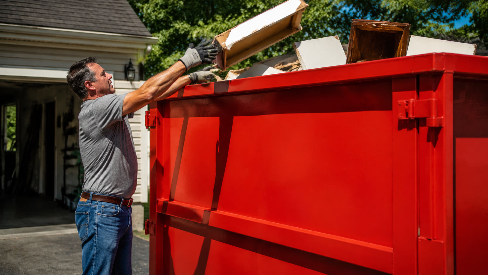 Homeowner loading renovation debris into an orange roll-off dumpster