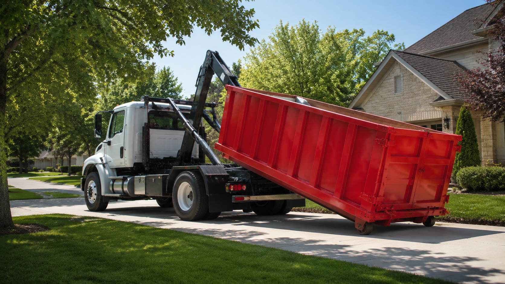 Roll-off truck delivering an orange dumpster on a tree-lined street